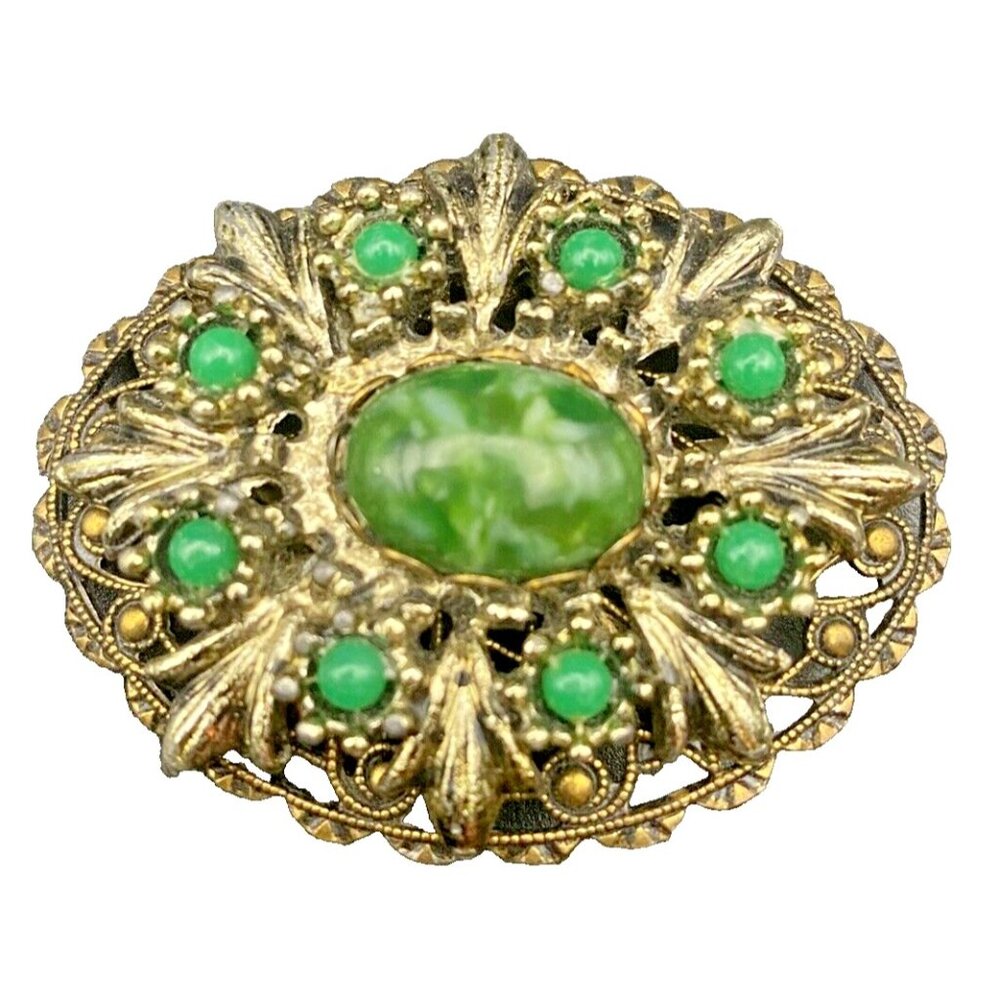 Vintage Brooch Green Matrix Glass & Jadeite Color Cab Gold Tone Filigree Granny